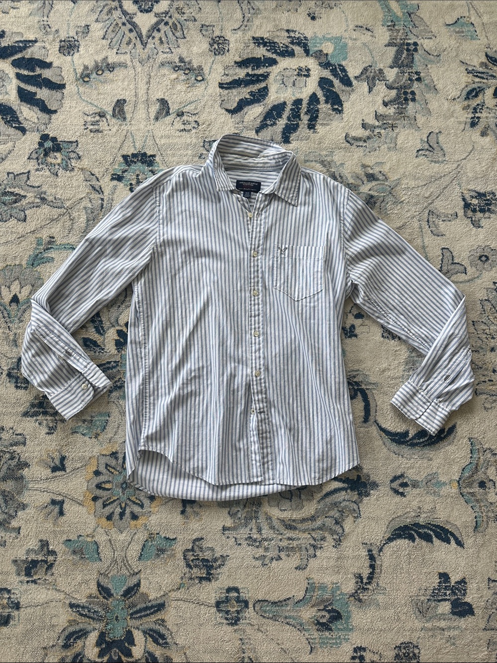 Men's Long-Sleeve Blue Striped Button-Up Shirt